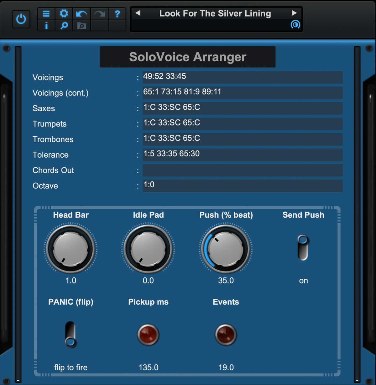 The SoloVoice Arranger panel: schedule fields for voicings, section modes, tolerance, chords out and octave, with Head Bar, Idle Pad, Push and PANIC controls.