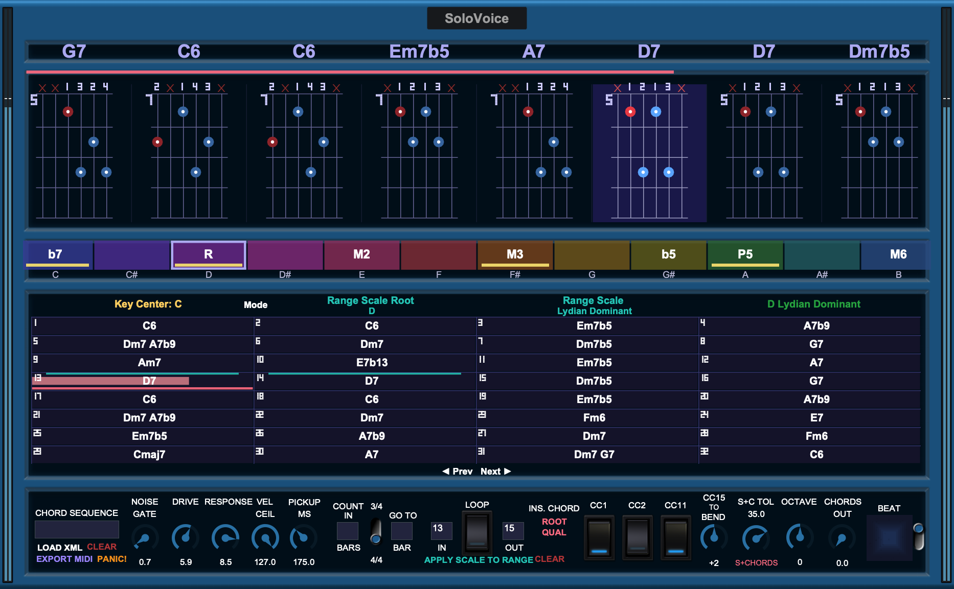 The SoloVoice interface: chord track with guitar voicings, chroma strip, progression grid and control strip.