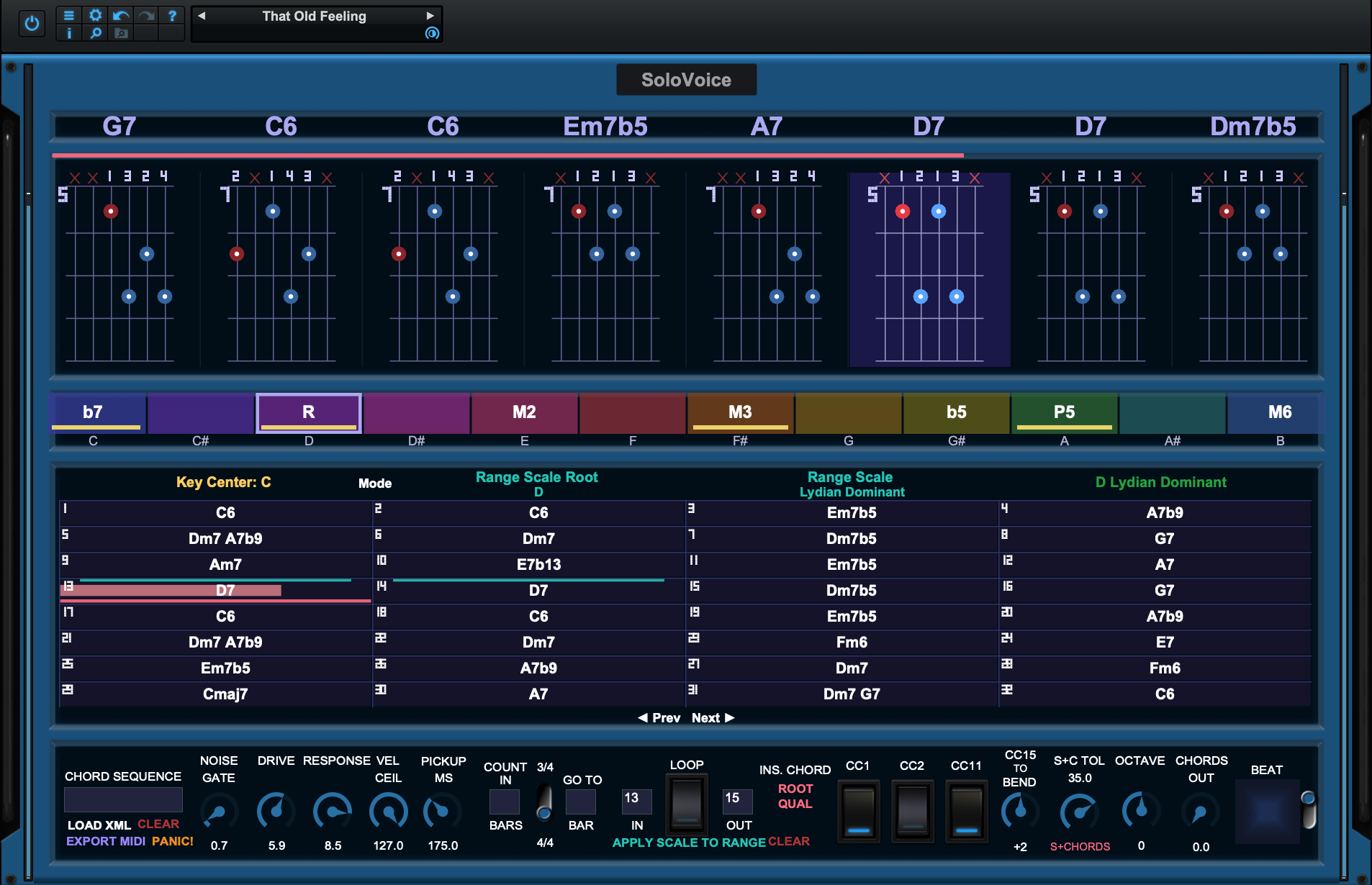 The SoloVoice interface: chord track with guitar voicings, chroma strip, progression grid and control strip.