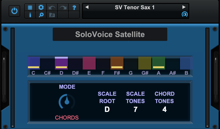 The SoloVoice Satellite panel: twelve palette lamps with gold chord-tone bands, MODE knob, root and tone-count readouts.
