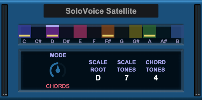The SoloVoice Satellite panel: twelve palette lamps with gold chord-tone bands, MODE knob, root and tone-count readouts.
