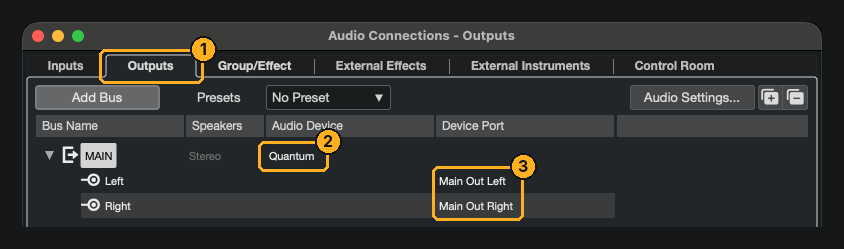 Audio Connections, Outputs tab, MAIN bus assigned to the interface's main outputs