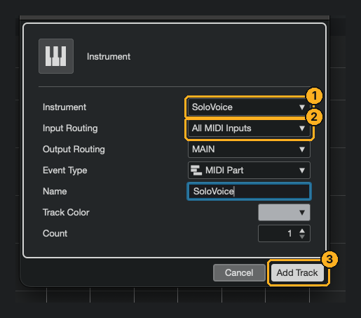 Add Instrument Track dialog with SoloVoice selected