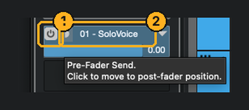 Send slot powered on, pre-fader, going to 01 - SoloVoice